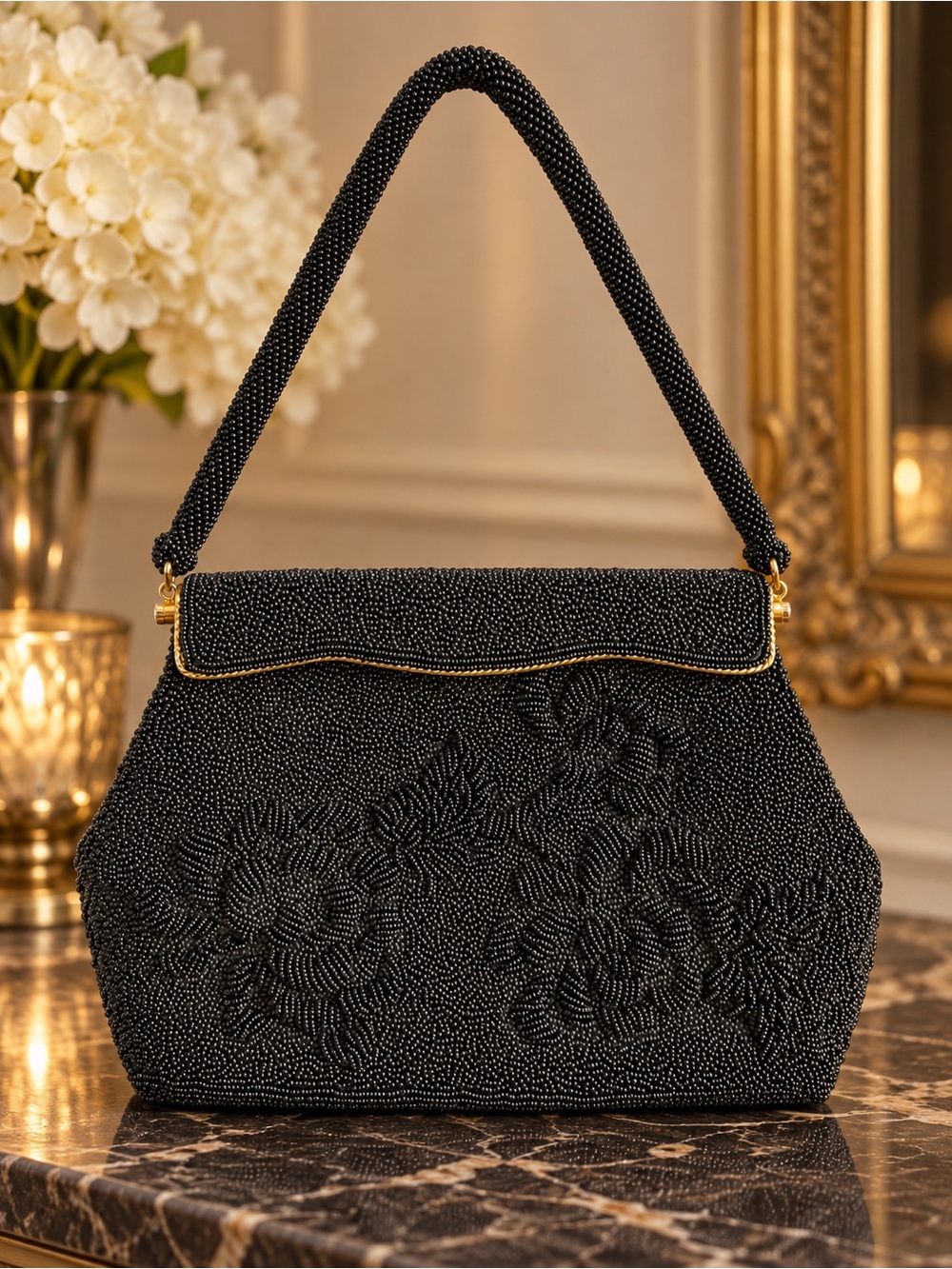 Vintage 1950s 60s Black Hand Beaded Hong Kong Evening Bag Floral Purse